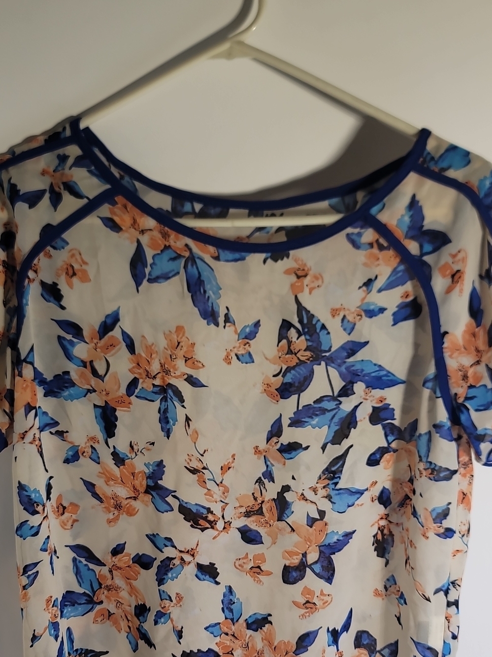 Oh Cream Floral Top with Blue Trim and Peach Blooms